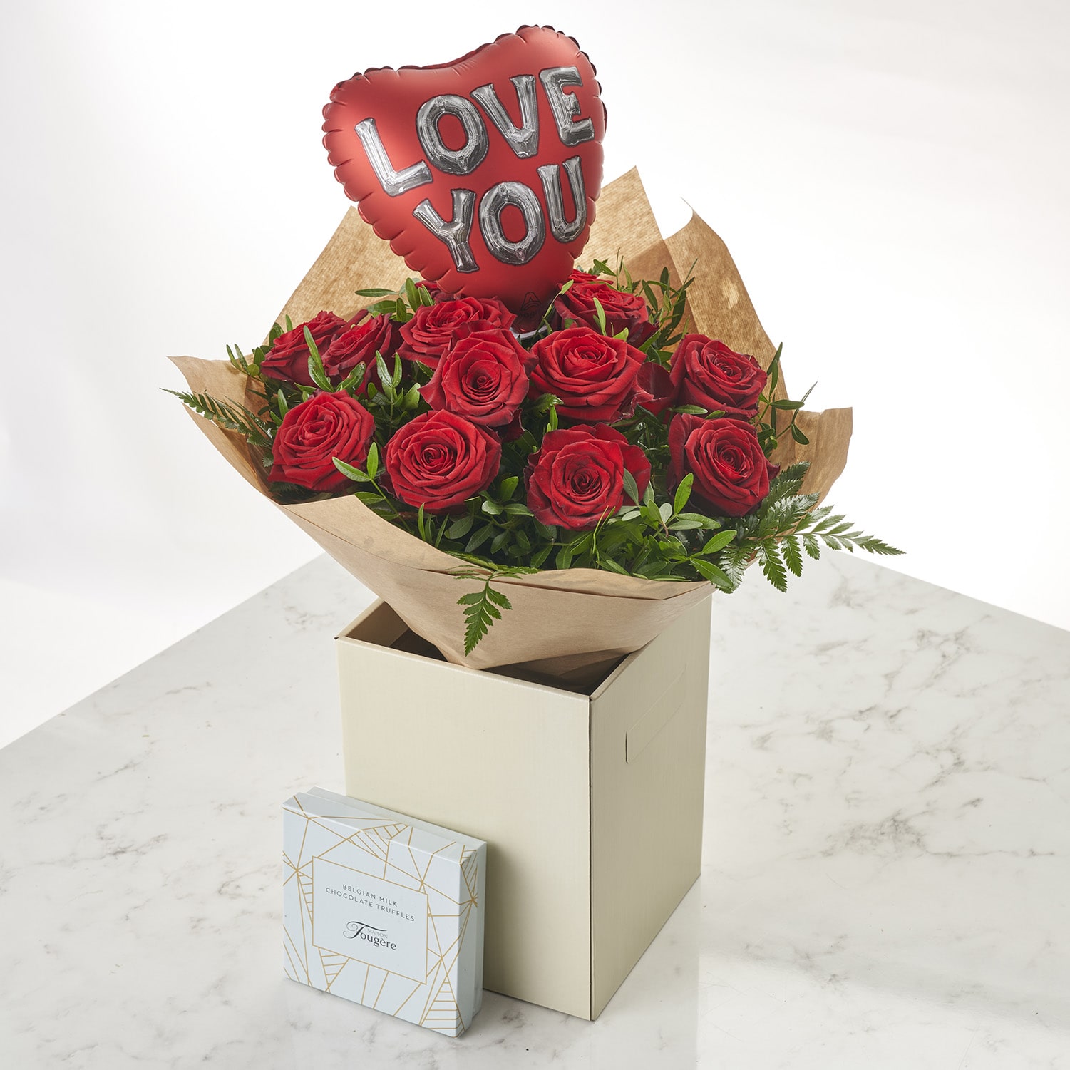 Dozen Red Roses Balloon and Chocolate