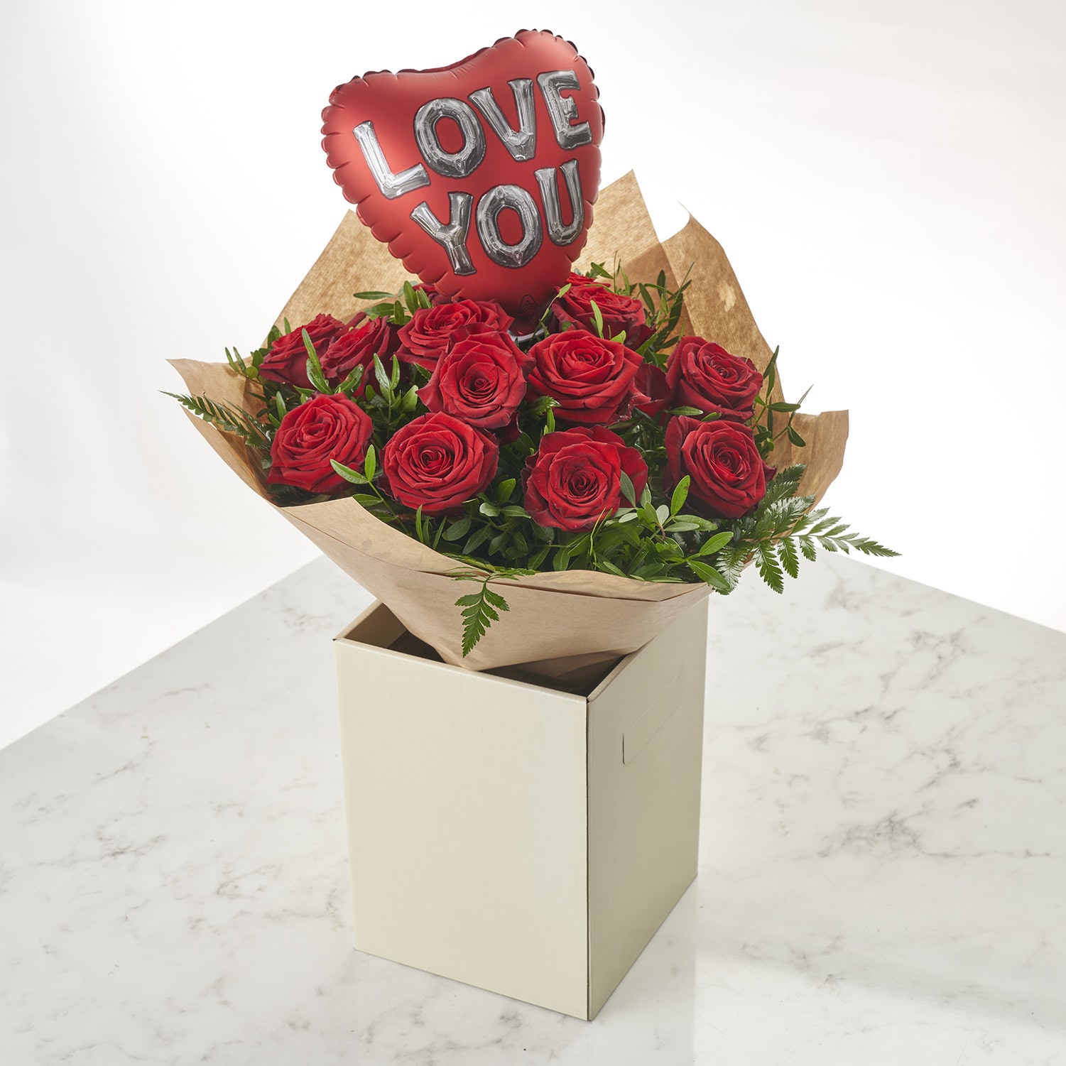 Dozen Red Roses and Balloon